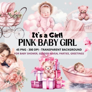 Baby Girl Bundle, Watercolor Clipart,Baby Shower, Newborn Baby, Clipart Baby, Nursery PNG, Gender Reveal, Clipart Bundle, Digital Instant