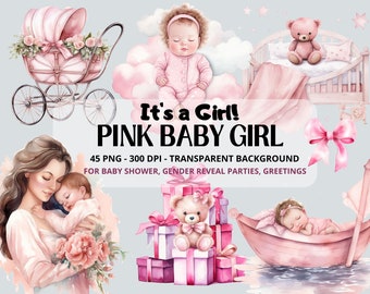 Baby Girl Bundle, Watercolor Clipart,Baby Shower, Newborn Baby, Clipart Baby, Nursery PNG, Gender Reveal, Clipart Bundle, Digital Instant