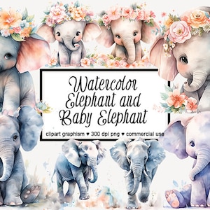 Baby Elefant Clipart Aquarell Baby Elefant Clipart Safari Tier PNG Elefant PNG Floral Elefant Clipart Baby Elefant mit Blumen