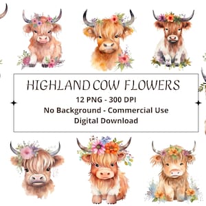 Highland Cow Flowers Illustrations Pack of 12 PNG for digital crafting and paper craft, Watercolor Baby Highland Cow Flowers Clipart