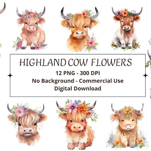 Highland Cow Flowers Illustrations Pack of 12 PNG for digital crafting and paper craft, Watercolor Baby Highland Cow Flowers Clipart