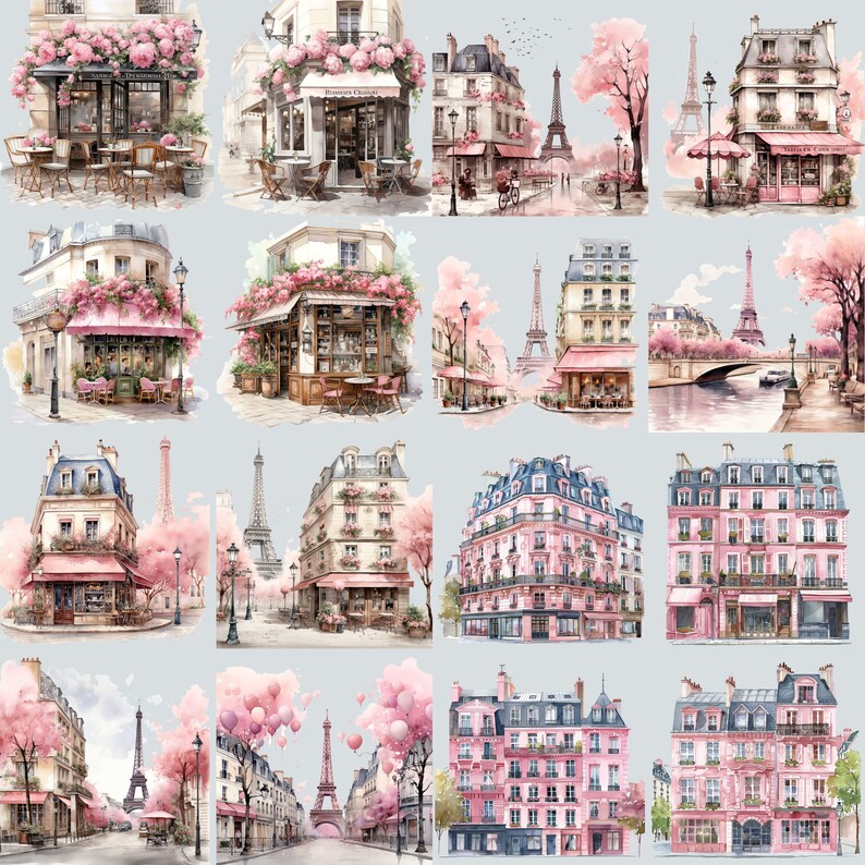 May include: A digital collage of watercolor illustrations featuring Parisian-themed scenes. Each scene depicts a charming cafe or shop with pink flowers, a Parisian street, and the Eiffel Tower. The scenes are arranged in a grid pattern.