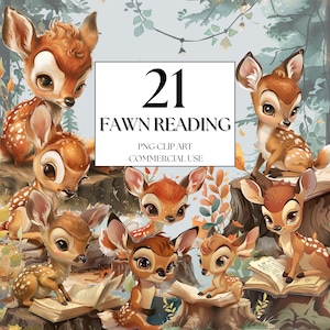 Woodland Fawn Clipart, Enchanted Forest Clipart, Fawn PNG, Book Lover Woodland Fawn PNG, Woodland Nursery, Woodland Animals Clipart