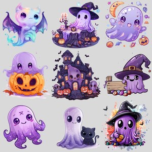 May include: Nine cute cartoon Halloween ghosts in various poses. Some are wearing hats, some are holding pumpkins, and some are surrounded by candy. The ghosts are all purple and blue with white eyes and smiles.