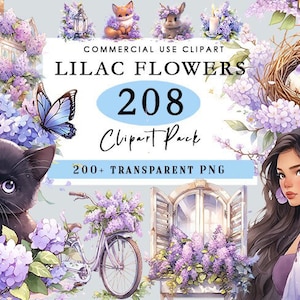 Lilac Flowers Collection Clipart Watercolor Lilac Flowers Clipart Bundle Lilac Purple Flower Cottagecore Clipart Lilac Flower Animals