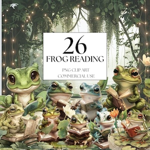 Frog Clipart, Enchanted Forest Clipart, Watercolor Frog Reading Clipart, Magical Forest Clipart, Baby Frog PNG, Book Lover Clipart