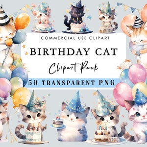 50 Watercolor Cat Clipart Bundle Birthday Cat PNG Cute Kitten, Party Invitation Birthday Card Printable Birthday Balloon Kitten, Kawaii cat