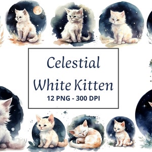 Watercolor Celestial White Kitten Clipart, Cute White Kitten Clipart White Cat at Night Clipart White Kitten PNG Transparent Background