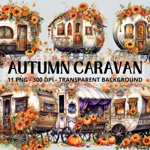 Automn Caravan Watercolor Clipart, Halloween Caravan Clipart PNG, Floral Caravan Clipart, Paper craft - Junk Journal, Scrapbooking