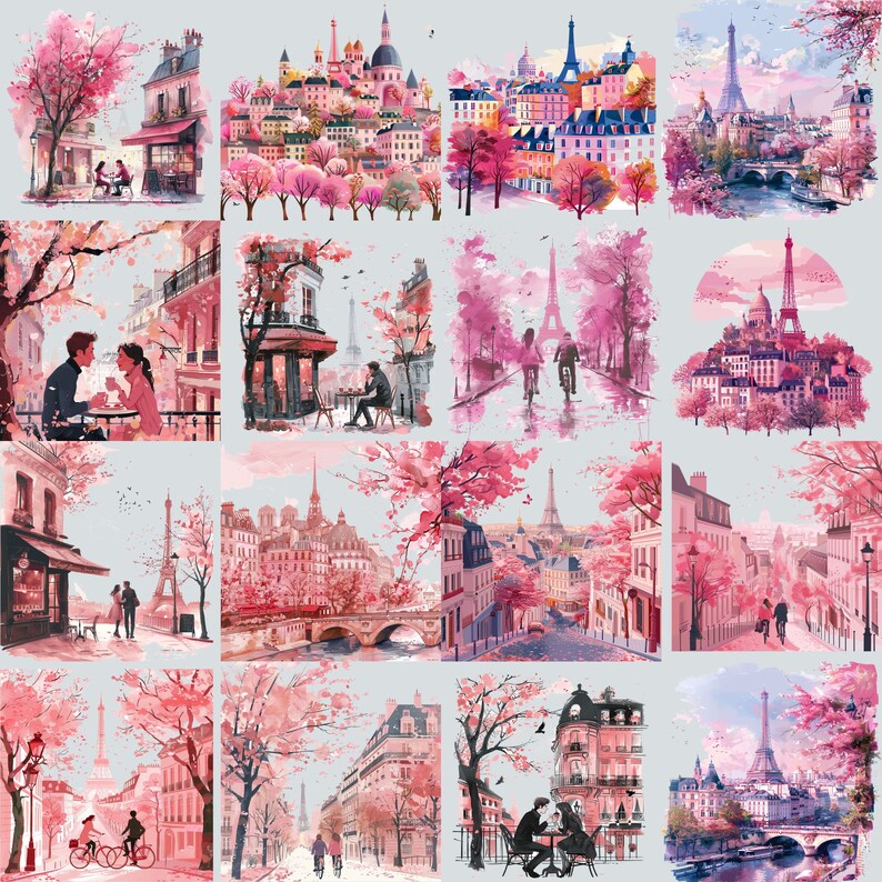 May include: A collage of 12 watercolor paintings depicting scenes of Paris, France. Each painting features the Eiffel Tower, pink cherry blossoms, and couples strolling through the streets. The paintings are set against a light blue background.