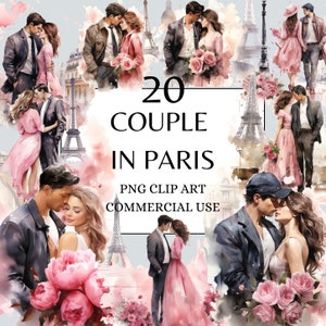 Cute Couple in Paris Clipart, PNG Watercolor Paris Couple clipart, French Lovers, Commercial use, Junk journal, Pink Parisian Life PNG