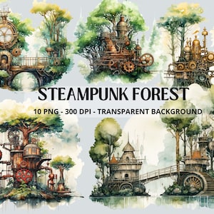Steampunk Forest Clipart, PNG Steampunk Cliparts, Junk Journal, Scrapbook, Steampunk Style, Fantasy Images, Clipart Bundle, Digital Download