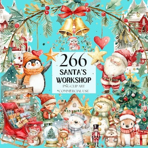 266 Santas Workshop Christmas Watercolor Clipart, 266 PNG, Winter Clipart, Transparent Background, Digital Download, Commercial Use