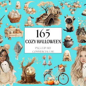 165 Watercolor Cozy Halloween Clipart, Soft Halloween PNG, Neutral Halloween Clipart, Autumn Ghost Clipart, Spooky Cozy Aesthetic PNG