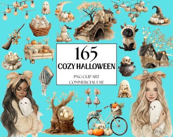 165 Watercolor Cozy Halloween Clipart, Soft Halloween PNG, Neutral Halloween Clipart, Autumn Ghost Clipart, Spooky Cozy Aesthetic PNG