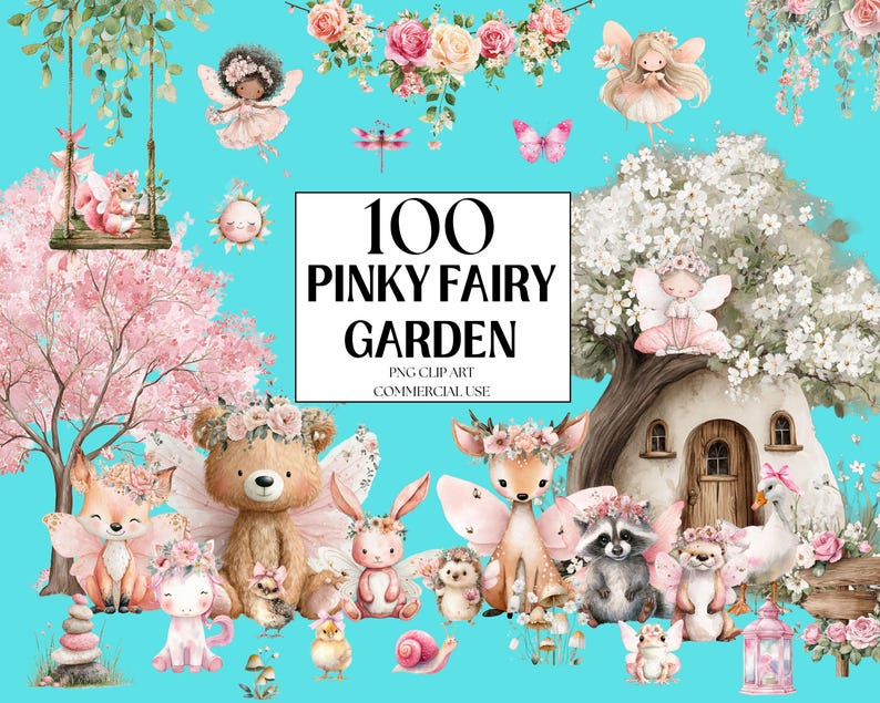 Watercolor Pink Fairy Garden Clipart Set, Cute Pink Fairy Clipart ...