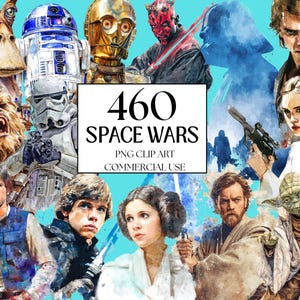 Peut inclure: Un collage numérique présentant des illustrations à l'aquarelle de personnages de la franchise Space Wars. L'image comprend des personnages emblématiques comme Dark Vador, Yoda et la Princesse Leia, avec le texte "460 Space Wars PNG Clip Art Commercial Use."