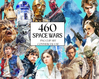 Watercolor Space Wars Clipart Set, Space Themed Clipart, Cute Jedi Clipart, Kids Clipart Bundle, Digital Download, 300dpi, PNG