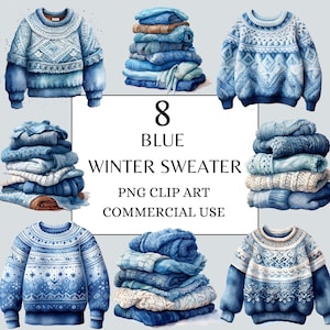 Winter Sweater PNG Clipart - Blue Christmas Sweater Acquerello bundle clip art - Blue Christmas Sticker Clipart Bundle, Blue Sweater Clipart