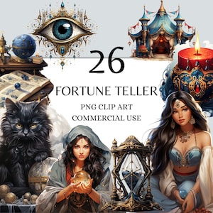 Fortune Teller Clipart - Cat Fortune Teller Clipart, PNG Cristal Ball Clipart for Commercial Use, Witch Clipart, Fantasy Fairtytale Decor