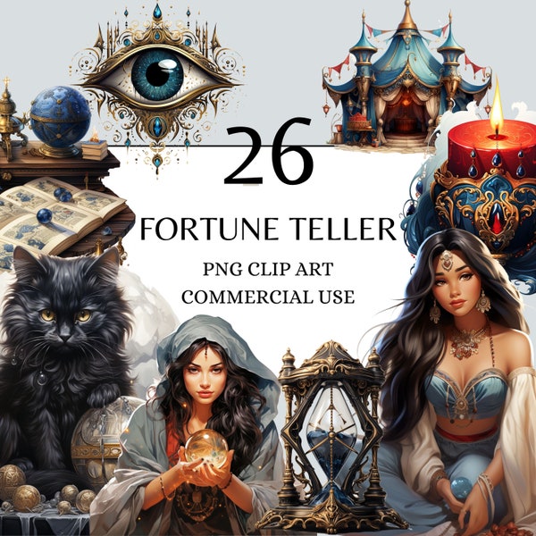 Fortune Teller Clipart - Cat Fortune Teller Clipart, PNG Crystal Ball Clipart for Commercial Use, Witch Clipart, Fantasy Fairtytale Decor