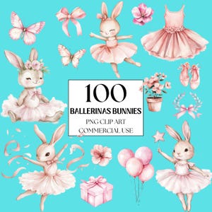 Aquarel Ballerina Bunny Clipart, Bloemen Bunny Clipart, Roze Ballerina Clipart, Bunny Ballerina Babyshower, scrapbooking, 100 PNG