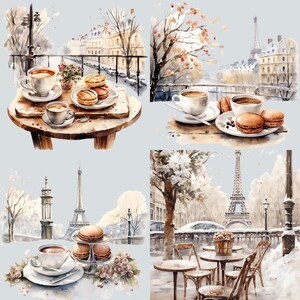 May include: A watercolor painting of four scenes in Paris, France. Each scene features a cup of coffee and pastries, with the Eiffel Tower in the background. The scenes are set in different seasons, with snow, fall leaves, and spring flowers.