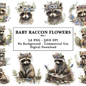 Baby Raccoon Flowers Illustrations, Raccoon Print PNG Instant Download Commercial Use, Watercolor Baby Raccoon Clipart, Nursery Decor Art