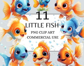 Cute Fish Clipart Baby Fish Watercolor Ocean Animals Nautical Clipart PNG Transparent Background for Commercial Use Fish PNG