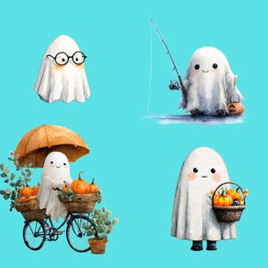 May include: Watercolor illustrations of four friendly ghosts on a teal background. One ghost wears glasses, another fishes, a third rides a bicycle with pumpkins, and the last carries a basket of pumpkins and treats. Halloween theme.