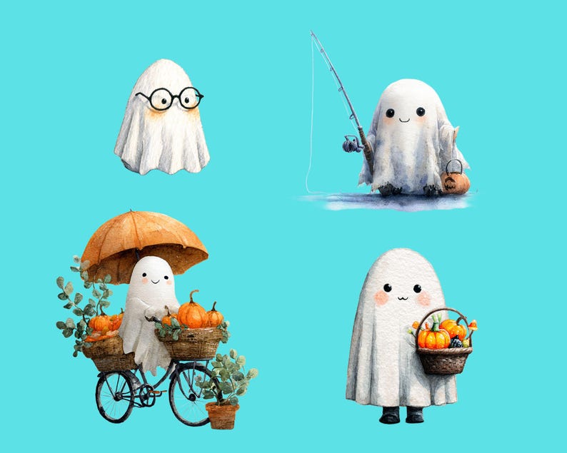 May include: Watercolor illustrations of four friendly ghosts on a teal background. One ghost wears glasses, another fishes, a third rides a bicycle with pumpkins, and the last carries a basket of pumpkins and treats. Halloween theme.