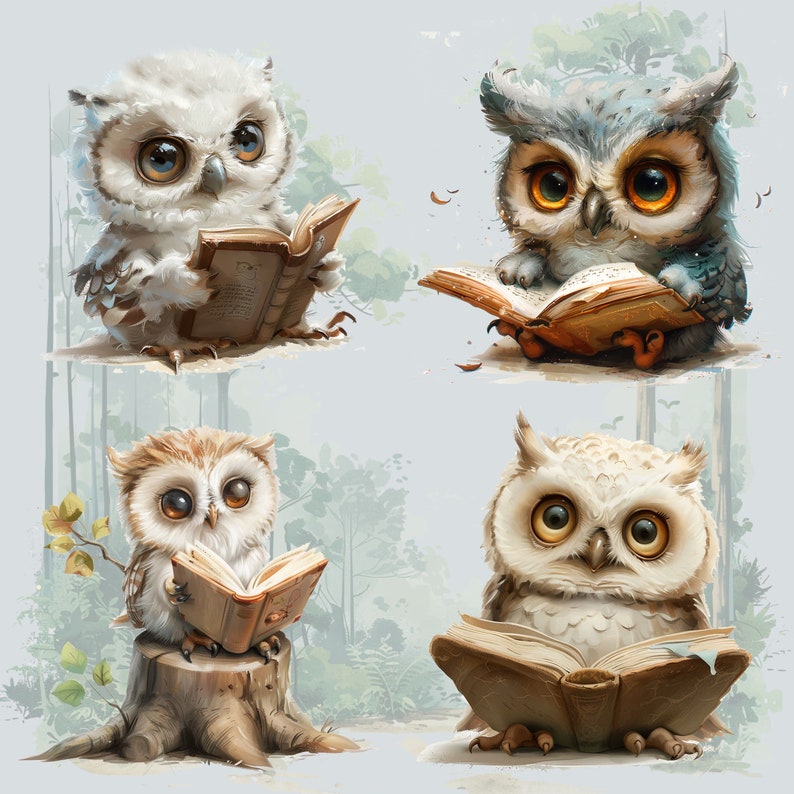 Skogsuggla Clipart, Uggla som läser Clipart, Förtrollad skog Clipart, Skogsdjur som läser Clipart, Baby Skogsdjur Clipart, Uggla PNG bild 3