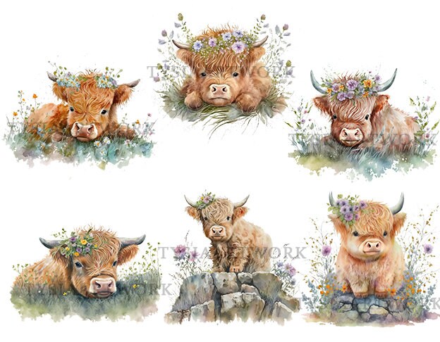 Highland Cow Flowers Illustrations, Pack of 12 PNG for Digital Crafting ...