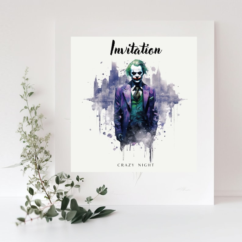 May include: A watercolor illustration of the Joker from Batman, standing in front of a cityscape. The text "Invitation" is at the top of the image and "Crazy Night" is at the bottom.