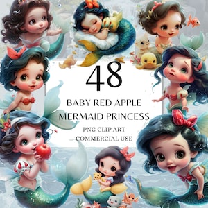 Baby Snow White Sirena Clipart, PNG Clipart completo uso commerciale Download istantaneo, Fantasy Fairytale Red Apple Princess Clipart