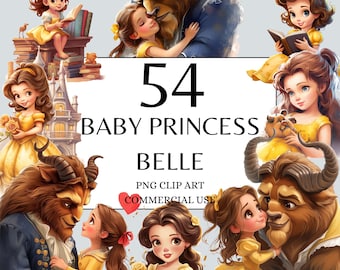 May include: A set of 54 digital clip art images featuring Belle and the Beast from Disney's Beauty and the Beast. The images are in a cartoon style and feature Belle and the Beast in various poses. The images are perfect for use in scrapbooking, card making, and other craft projects.