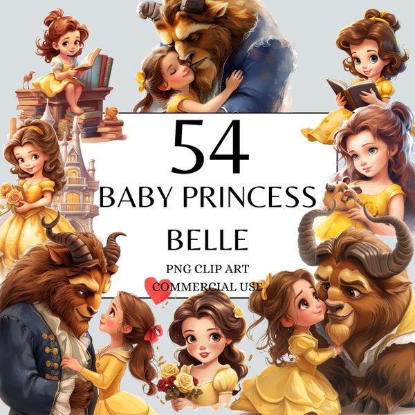 Baby Princess Belle Clipart Pack, PNG Clipart with Full Commercial Use Instant Download, Children's Fantasy Fairytale Princess Beast Clipart