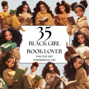 Black Girl Clipart, Black Woman Book Lover Clipart, Afro Woman Reading Clipart, Cosy Black Woman, Book Worm Clipart, Black Working Girl PNG
