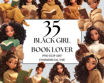 Clipart ragazza nera, clipart amante dei libri di donna nera, clipart di lettura di donna afro, donna di colore accogliente, clipart di verme del libro, ragazza lavoratrice nera PNG