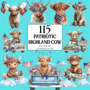 Paquete de 115 imágenes prediseñadas de vacas de las Tierras Altas Patrióticas (PNG): Orgullo estadounidense, 4 de julio, Día de los Veteranos, Día de los Caídos (PNG) para licencia comercial