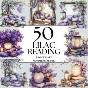 Watercolor Cozy Lilac Nooks, clipart bundle, cottagecore, spring floral reading corner, instant download, digital sticker, reading books png