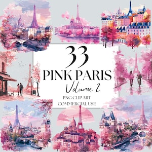 Pink Paris Clipart V2, PNG Watercolor Romantic Paris clipart, French bakery, Commercial use, Junk journal, Cafe in Paris, Parisian Life PNG