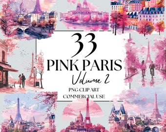 May include: A collection of watercolor illustrations featuring iconic Parisian landmarks, including the Eiffel Tower, in shades of pink and purple. The text reads "33 Pink Paris Volume 2" with "PNG Clip Art Commercial Use" below.