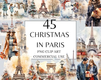Christmas in Paris Clipart, Winter Paris Clipart, Watercolor Christmas Clipart, Parisian Christmas PNG, French Clipart, Parisian Clipart