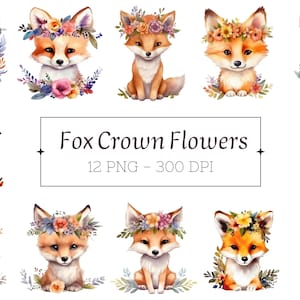 Fox Flowers Crown Watercolor Illustration Clipart, Set of 12 PNG, Digital Download, Commercial Use, Fox Clipart, Fox Flowers Clipart