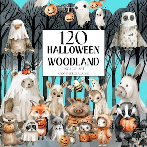 120 Halloween Woodland Animals Watercolor Clipart, PNG, Ghost Costume, Transparent Background, Digital Download, Commercial Use Included