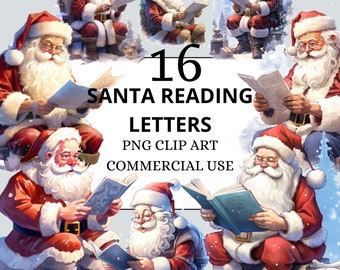 Santa Reading Letters Clipart Watercolor, Christmas Clipart Santa PNG with transparent background for commercial use, Santa Christmas PNG