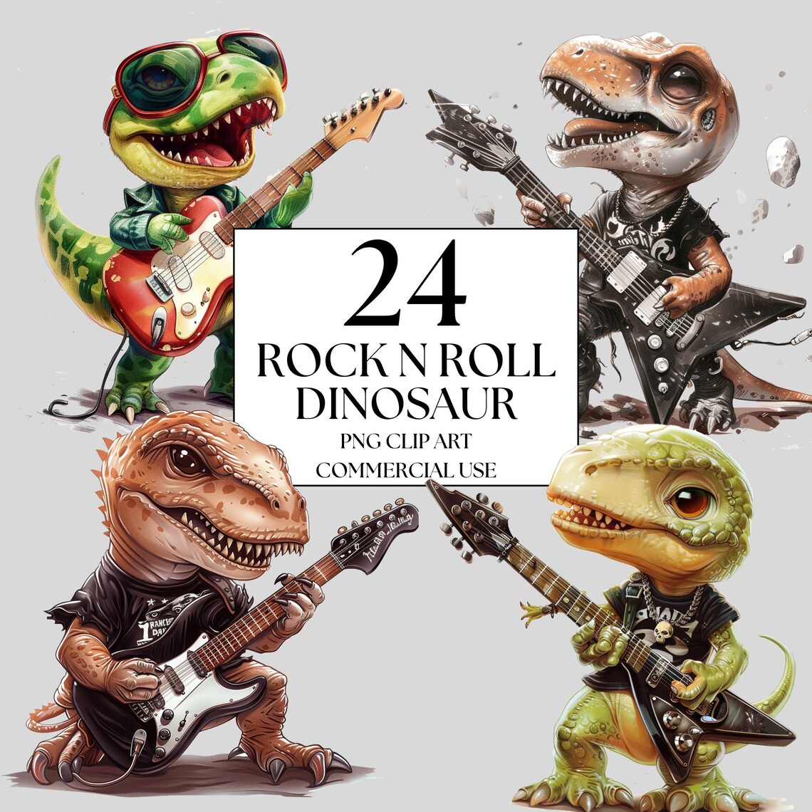 24 Rock and Roll Dinosaurs Clipart Bundle, Guitar Clipart, Heavy Metal ...