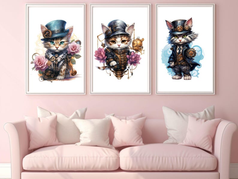 Pu&ograve; includere: Tre illustrazioni incorniciate di gatti vestiti in stile steampunk. I gatti indossano cappelli, occhiali e altri accessori. Le illustrazioni sono su sfondo bianco con accenti floreali.