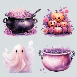 May include: A digital illustration of Halloween themed items. A black cauldron with purple flames, a pink cauldron with purple flowers, a ghost with a pink body and a pink cauldron with purple flowers and a group of pumpkins with pink flowers.